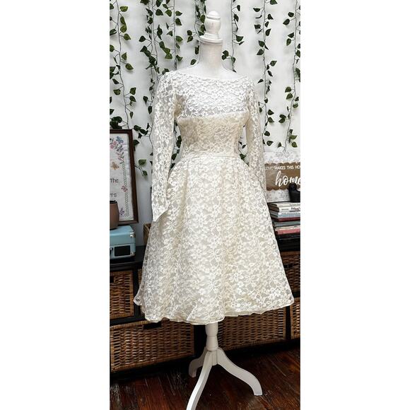 Vintage 60s White Lace Tea Dress Bridal Wedding Lorrie Deb Mod Party XS/S - Picture 4 of 12